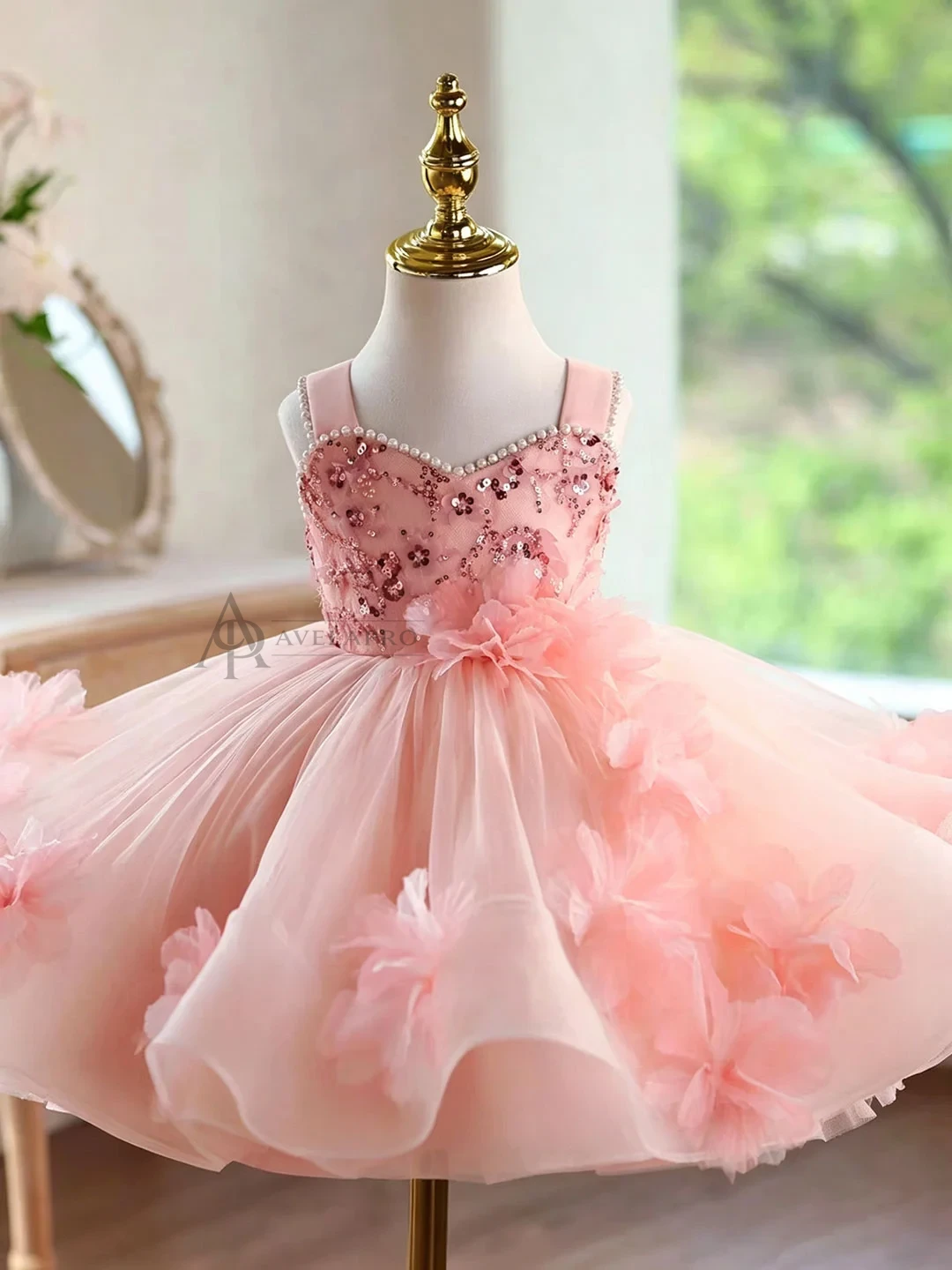 3D Flowers Green Pageant Girl Dress Princess Birthday Gown