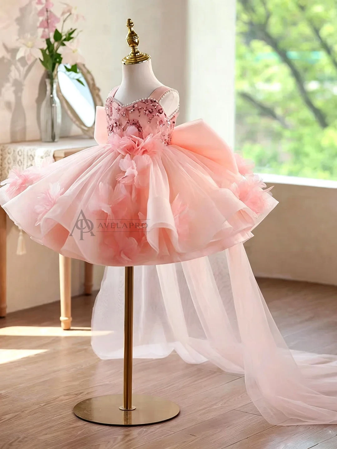 3D Flowers Green Pageant Girl Dress Princess Birthday Gown