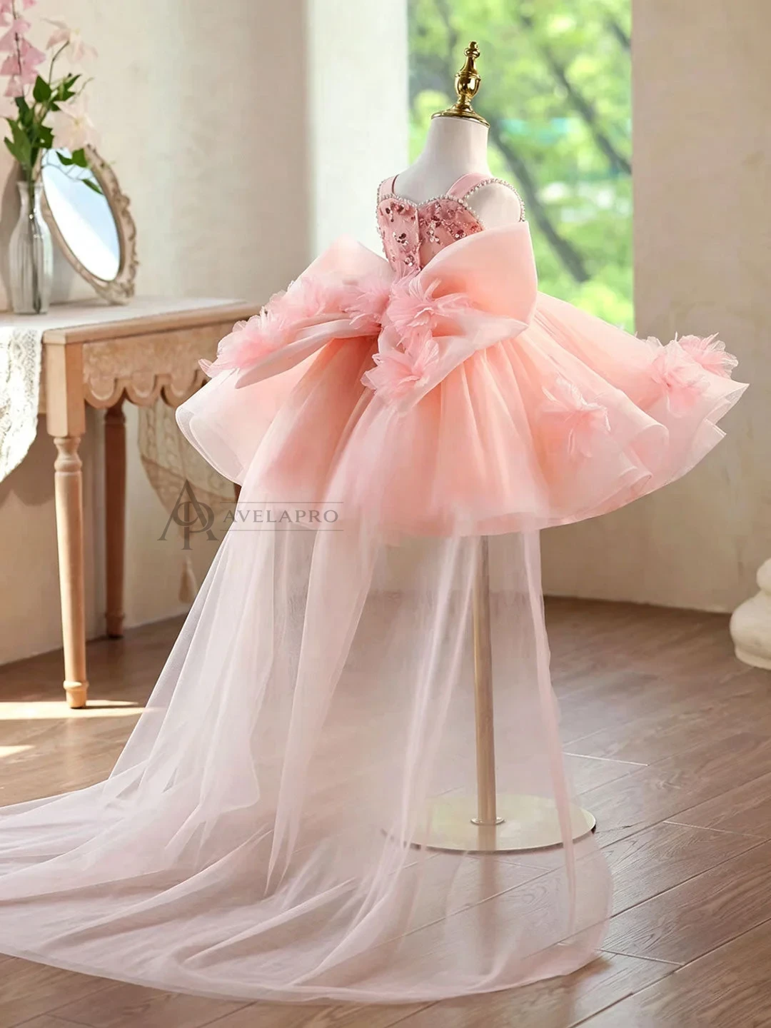 3D Flowers Green Pageant Girl Dress Princess Birthday Gown
