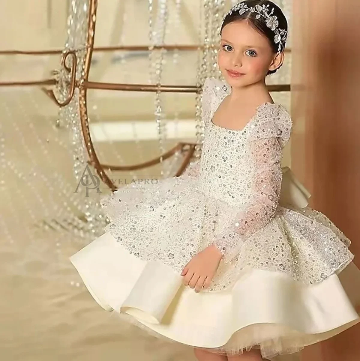 Beading Long Sleeves Flower Girl Dress With Bow