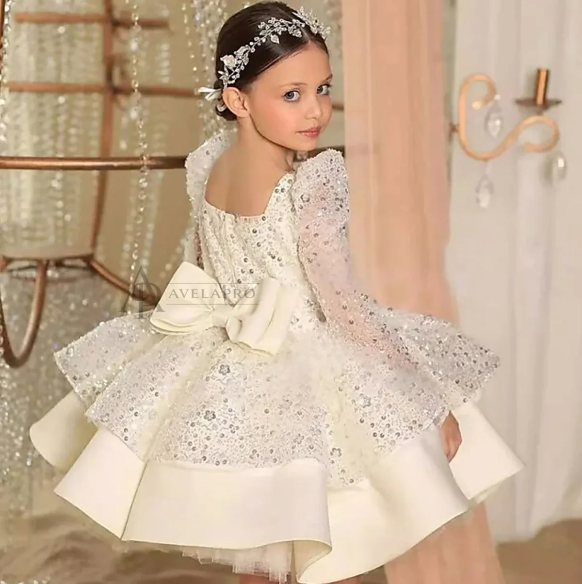Beading Long Sleeves Flower Girl Dress With Bow