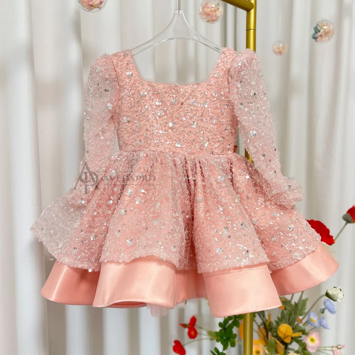 Beading Long Sleeves Flower Girl Dress With Bow