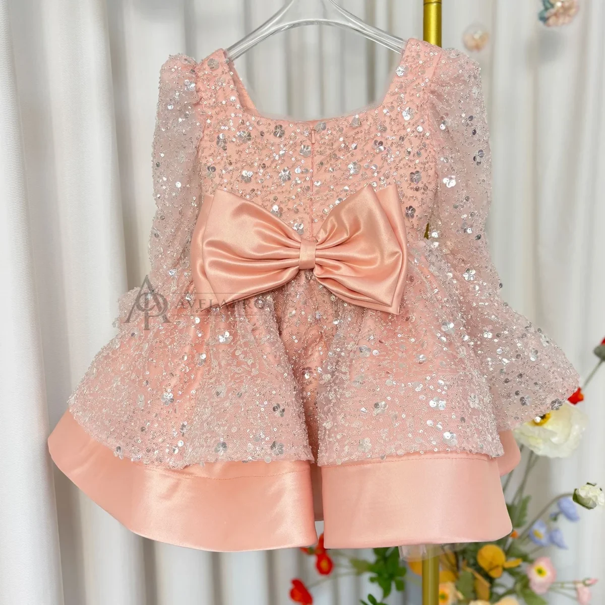 Beading Long Sleeves Flower Girl Dress With Bow