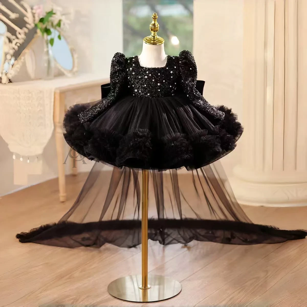 Black Girl Dress Knee Length with Train Birthday Wedding Party Gown