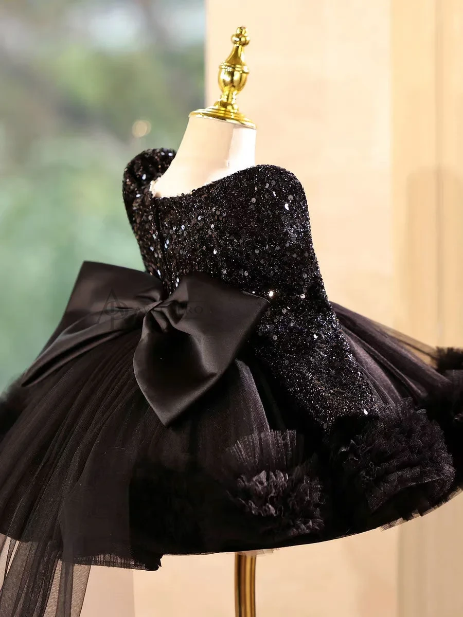 Black Girl Dress Knee Length with Train Birthday Wedding Party Gown
