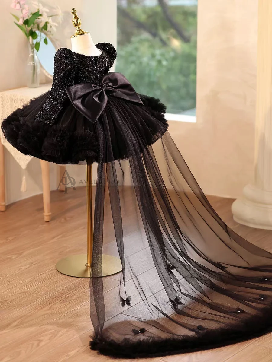 Black Girl Dress Knee Length with Train Birthday Wedding Party Gown