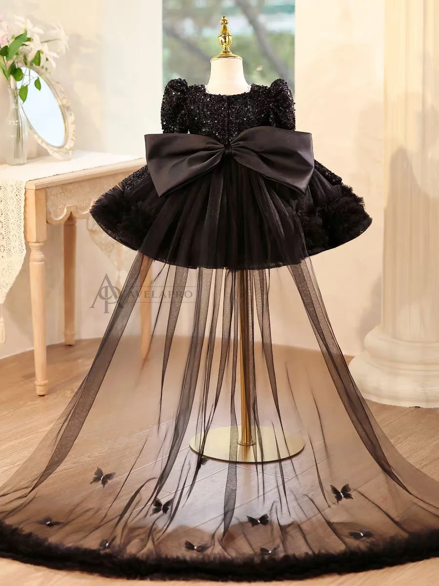Black Girl Dress Knee Length with Train Birthday Wedding Party Gown