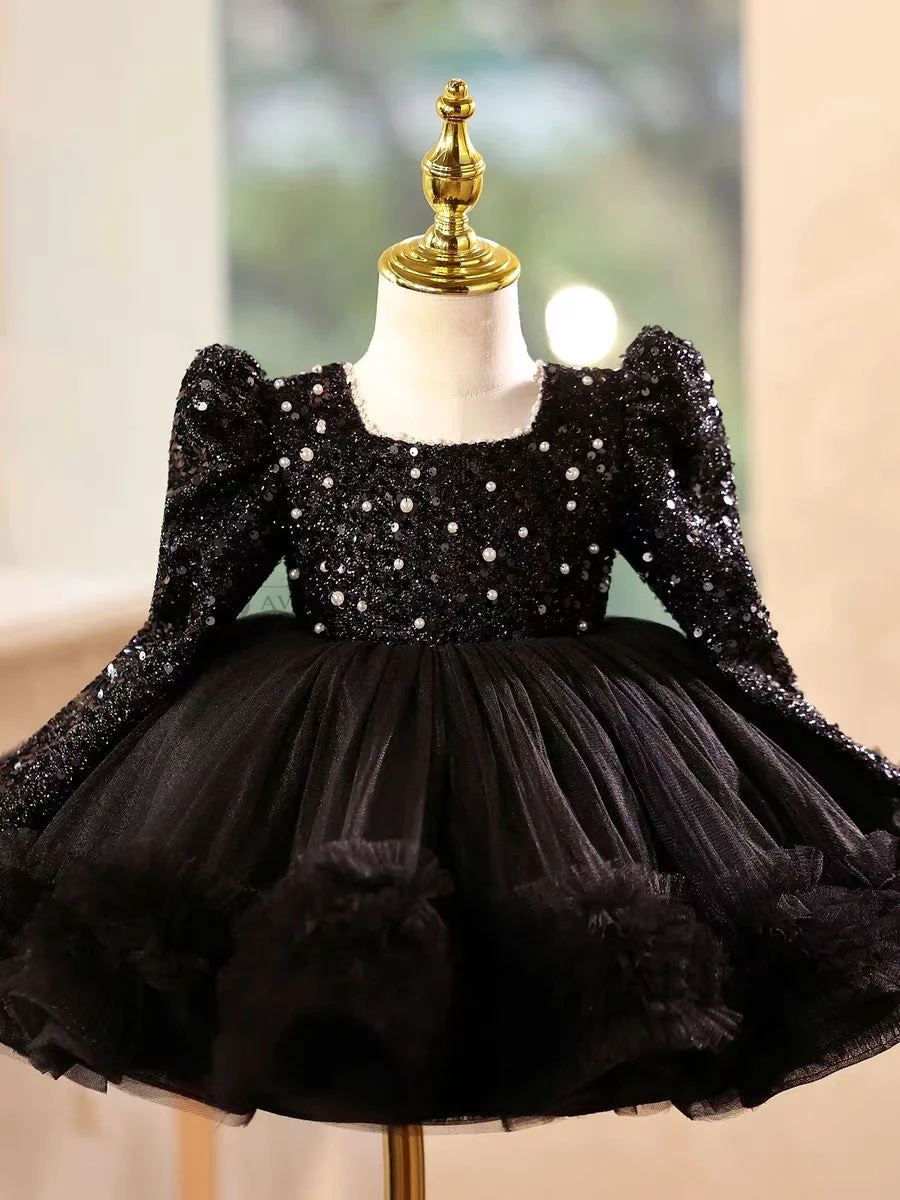 Black Girl Dress Knee Length with Train Birthday Wedding Party Gown
