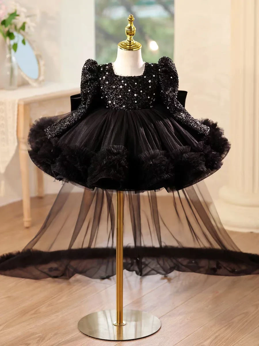 Black Girl Dress Knee Length with Train Birthday Wedding Party Gown