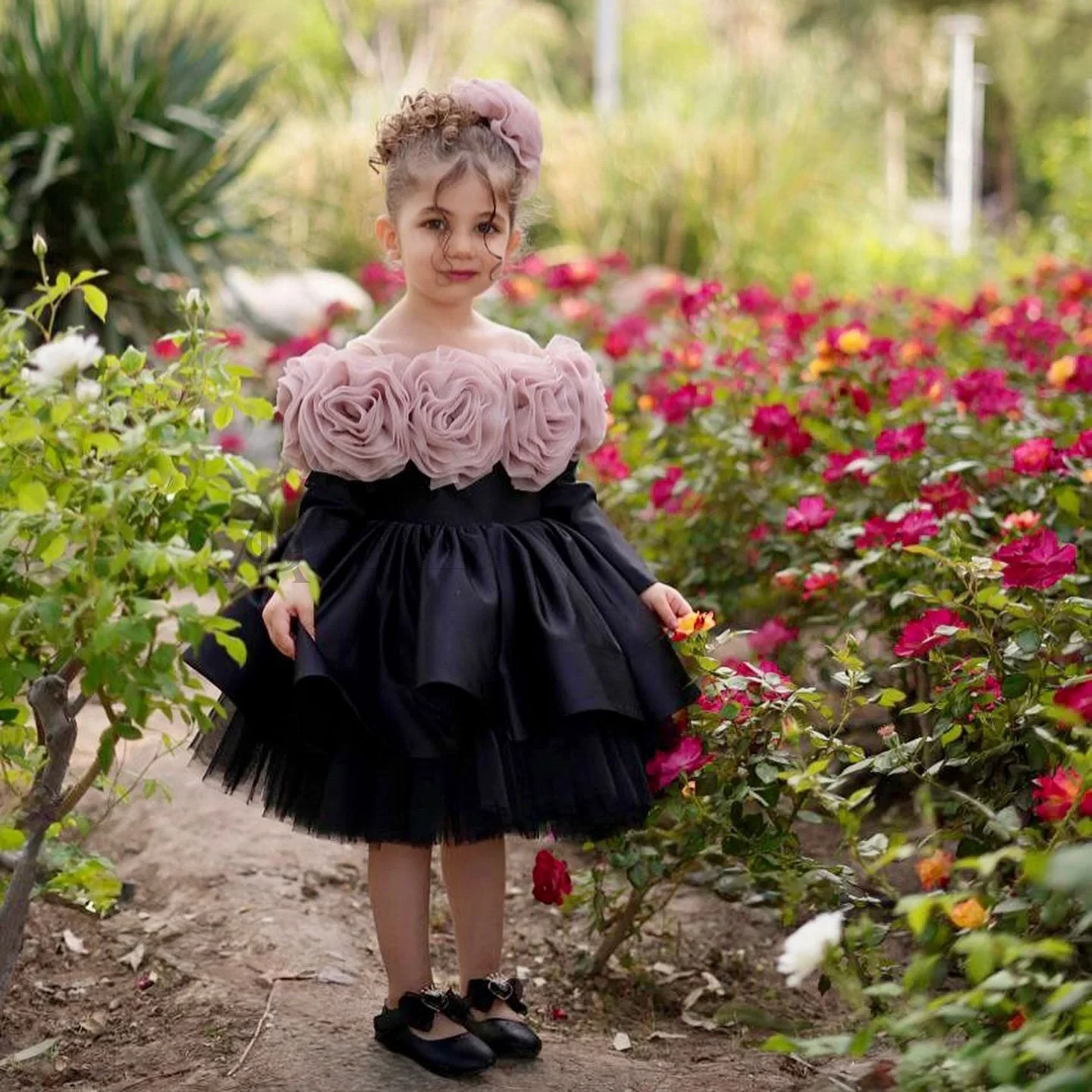 Black Off Shoulder Flower Girl Dress with 3D Flower Princess Party Ball Dress