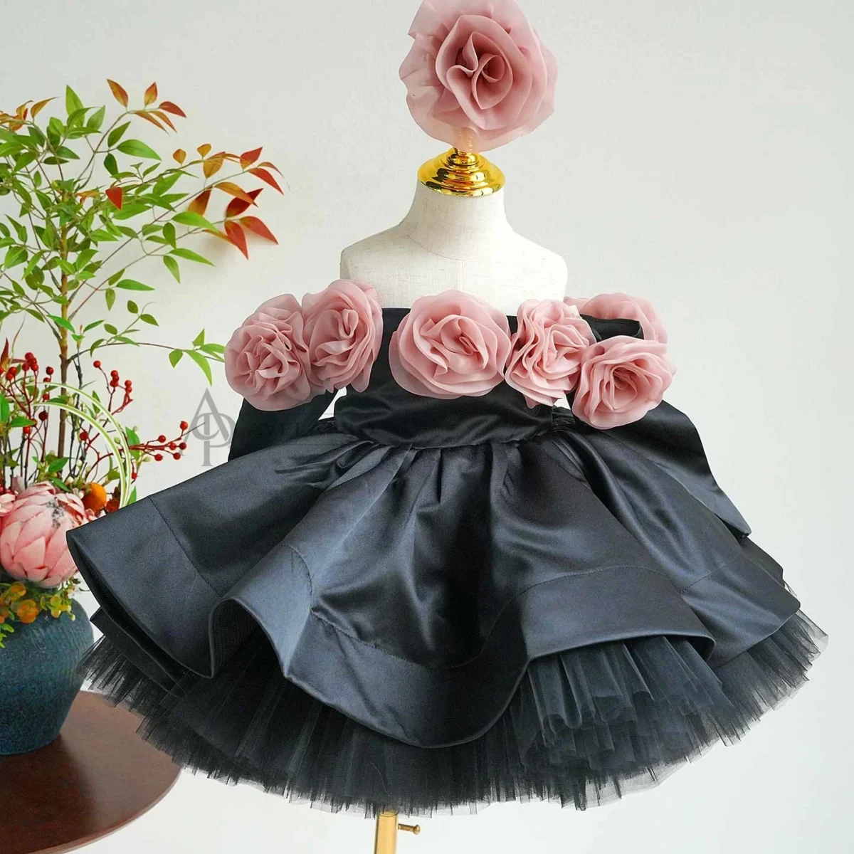 Black Off Shoulder Flower Girl Dress with 3D Flower Princess Party Ball Dress