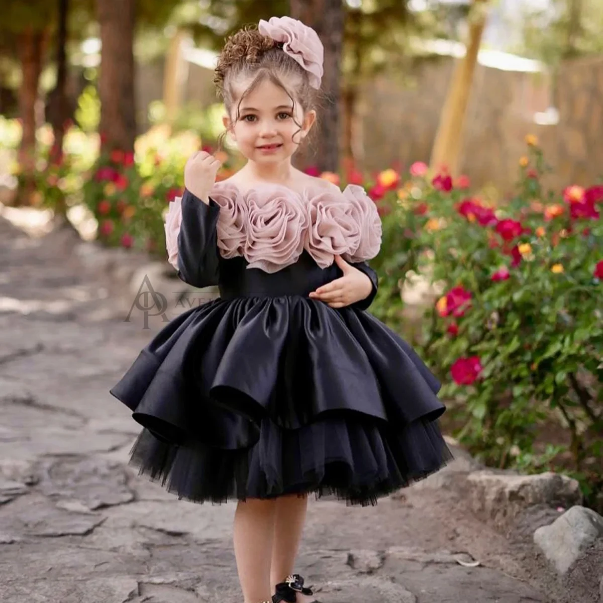 Black Off Shoulder Flower Girl Dress with 3D Flower Princess Party Ball Dress