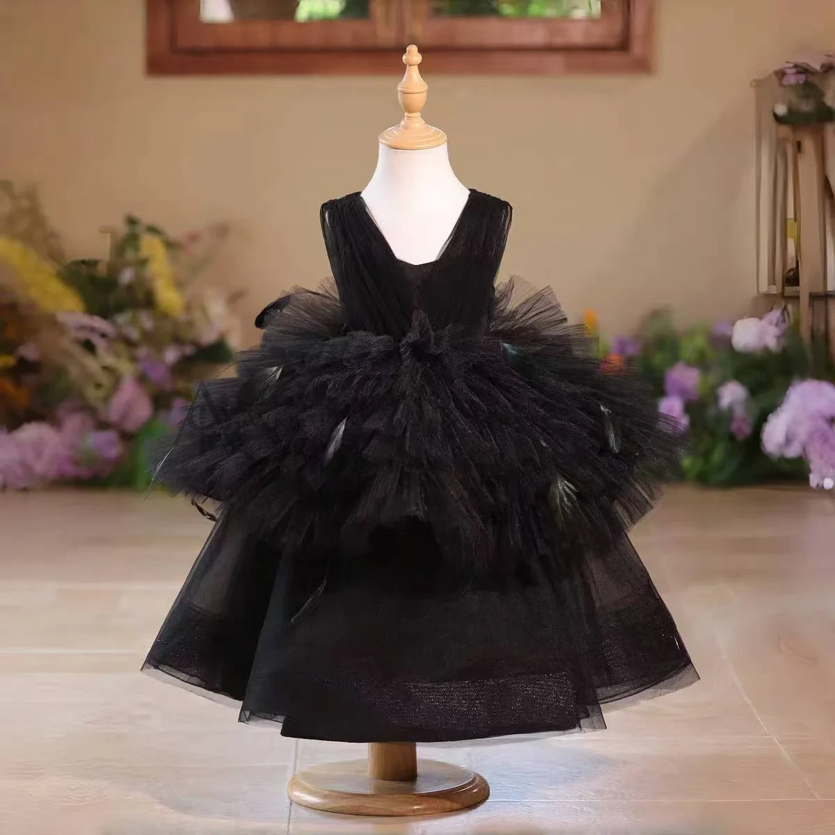 Black Toddler Gown with Strappy Back Tulle Overlay Flower Girl Dress