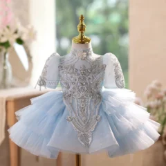 Blue Luxury Beaded High Neck Tiered Flower Girl Dress