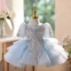 Blue Luxury Beaded High Neck Tiered Flower Girl Dress