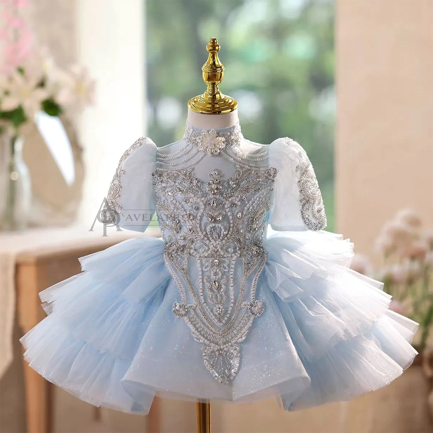 Blue Luxury Beaded High Neck Tiered Flower Girl Dress