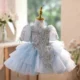 Blue Luxury Beaded High Neck Tiered Flower Girl Dress