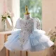 Blue Luxury Beaded High Neck Tiered Flower Girl Dress