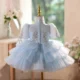 Blue Luxury Beaded High Neck Tiered Flower Girl Dress