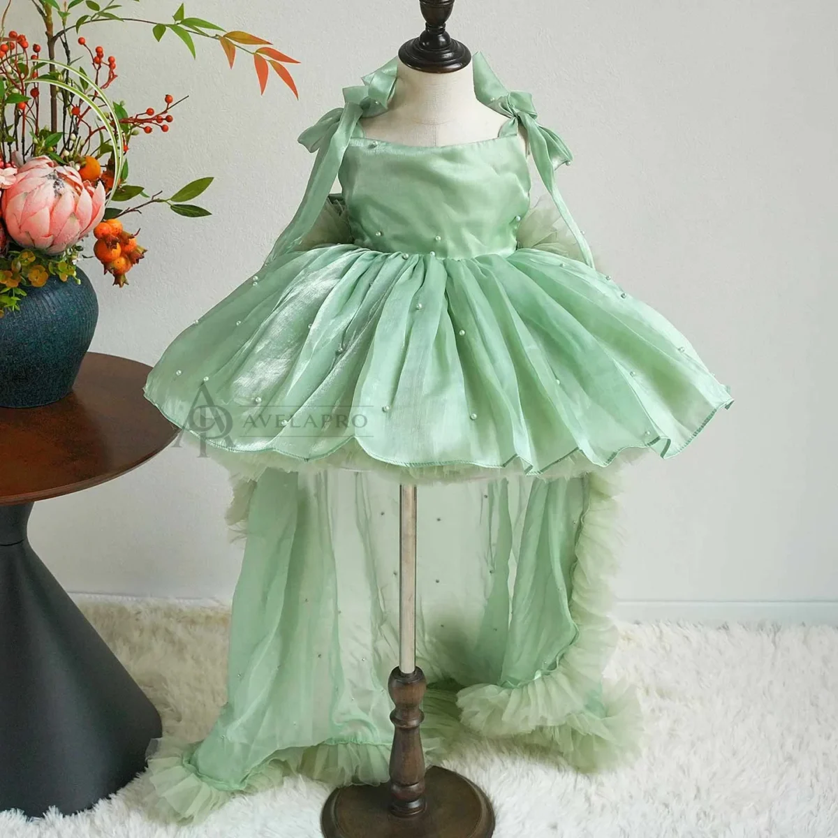 Bowed Lace Up Satin Flower Girl Dress With Trailing
