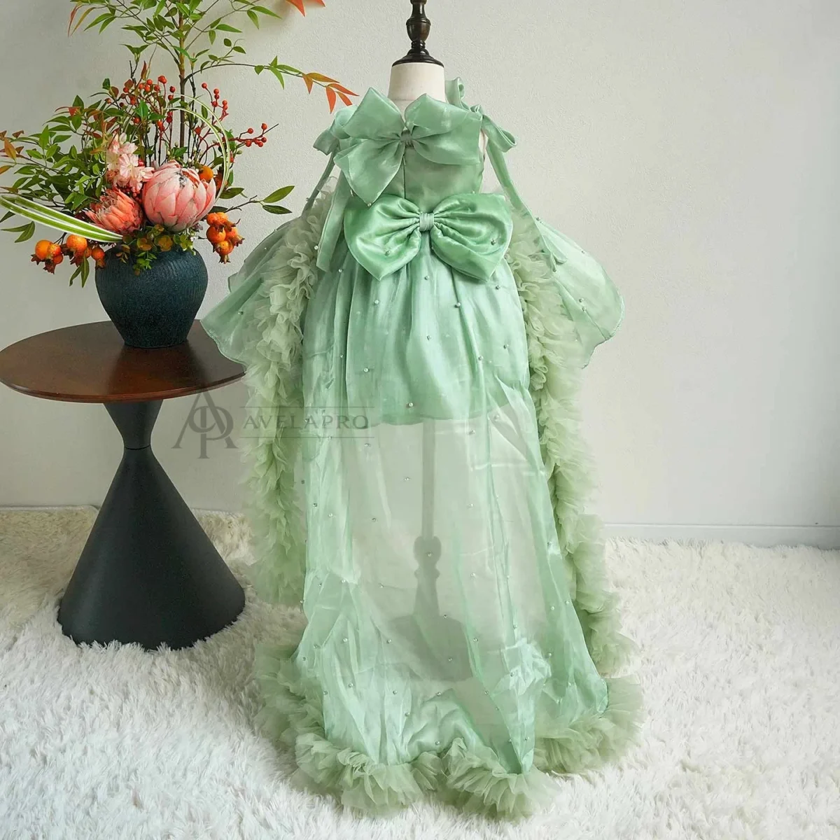 Bowed Lace Up Satin Flower Girl Dress With Trailing