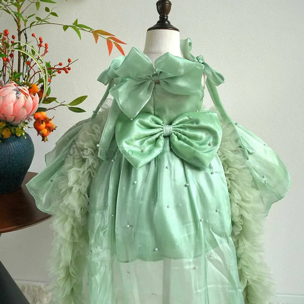 Bowed Lace Up Satin Flower Girl Dress With Trailing