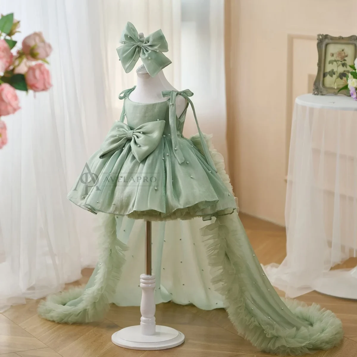 Bowed Lace Up Satin Flower Girl Dress With Trailing