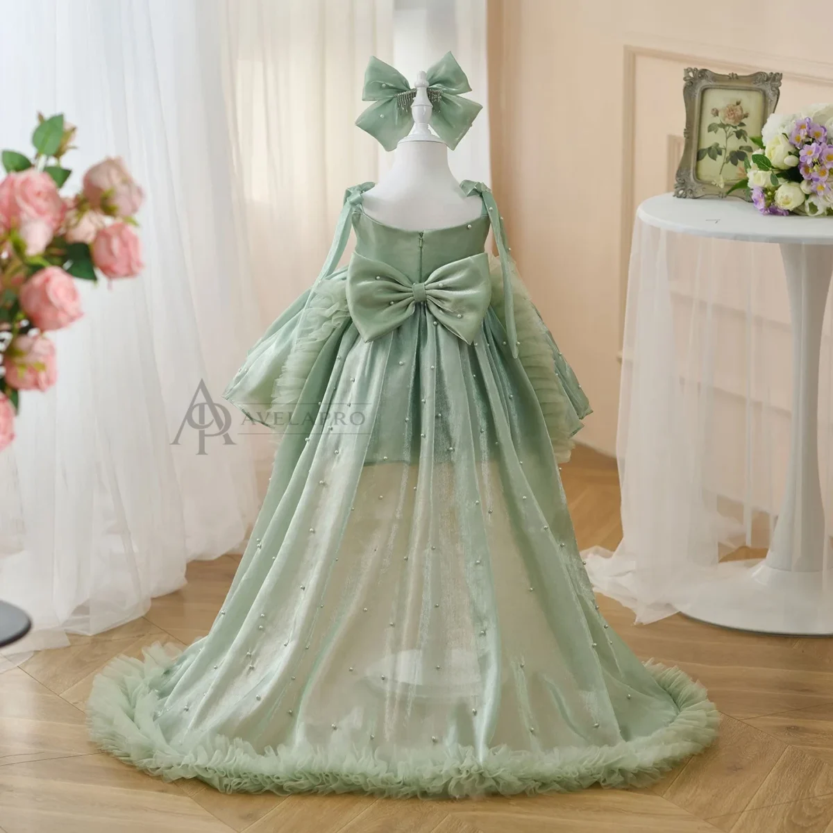 Bowed Lace Up Satin Flower Girl Dress With Trailing