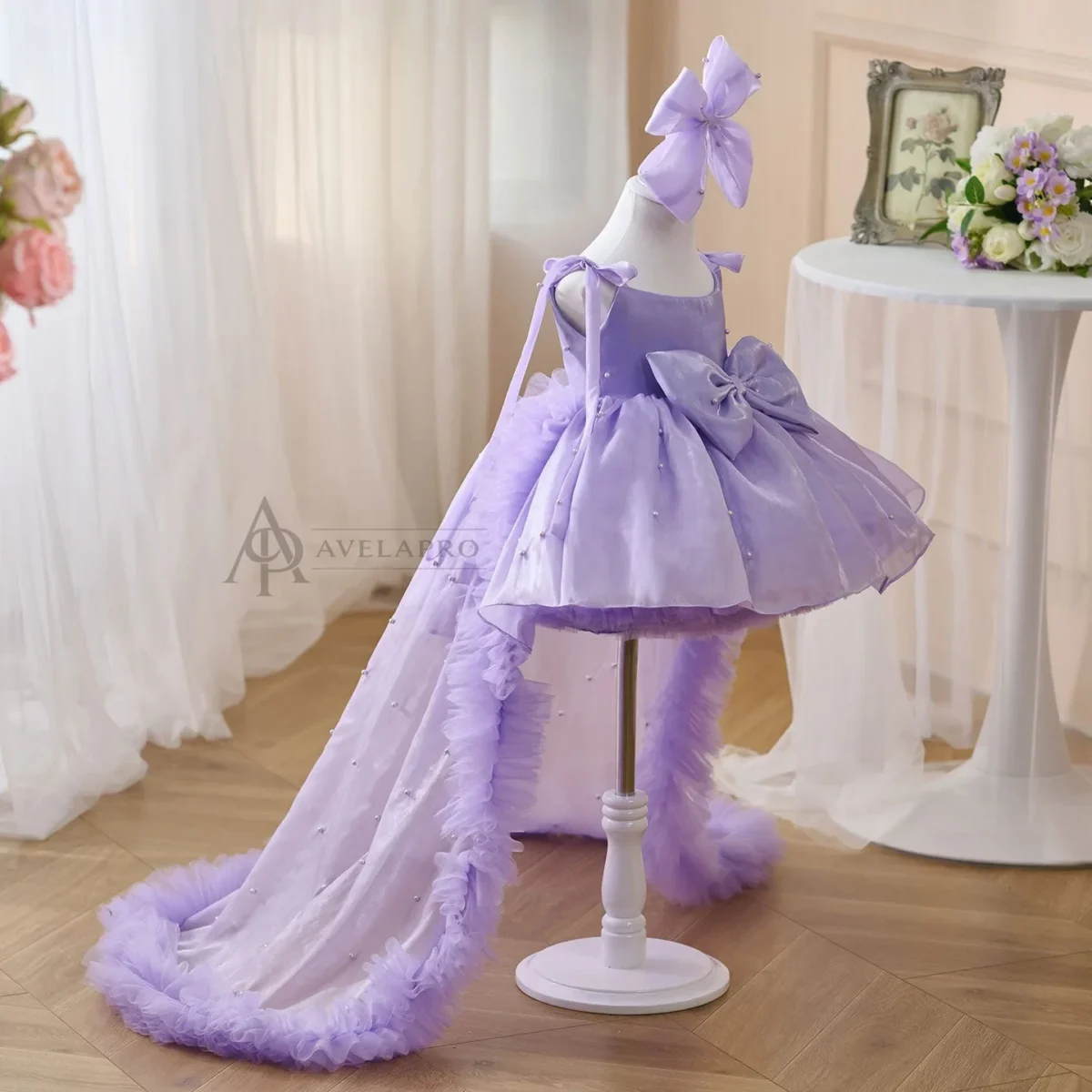 Bowed Lace Up Satin Flower Girl Dress With Trailing