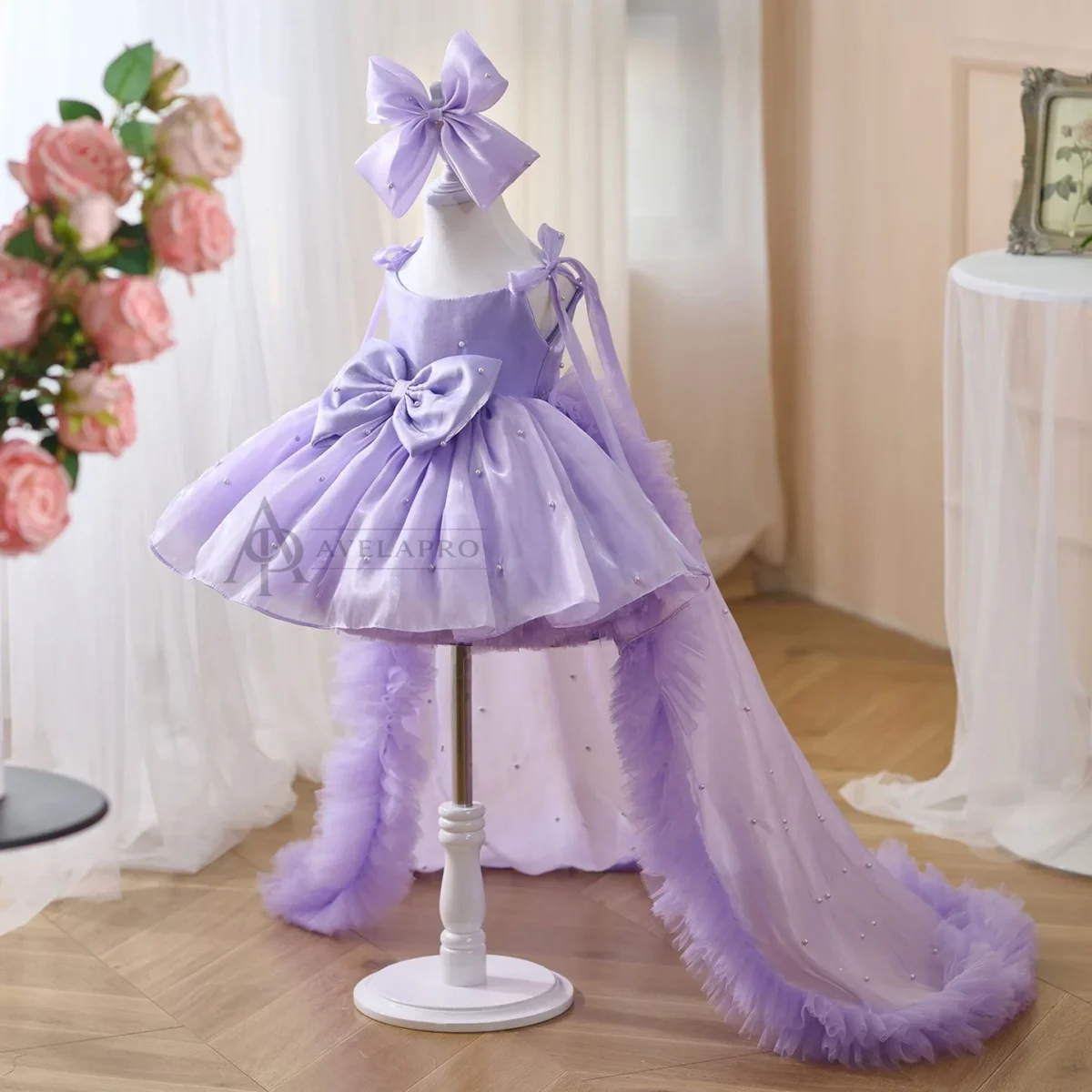 Bowed Lace Up Satin Flower Girl Dress With Trailing