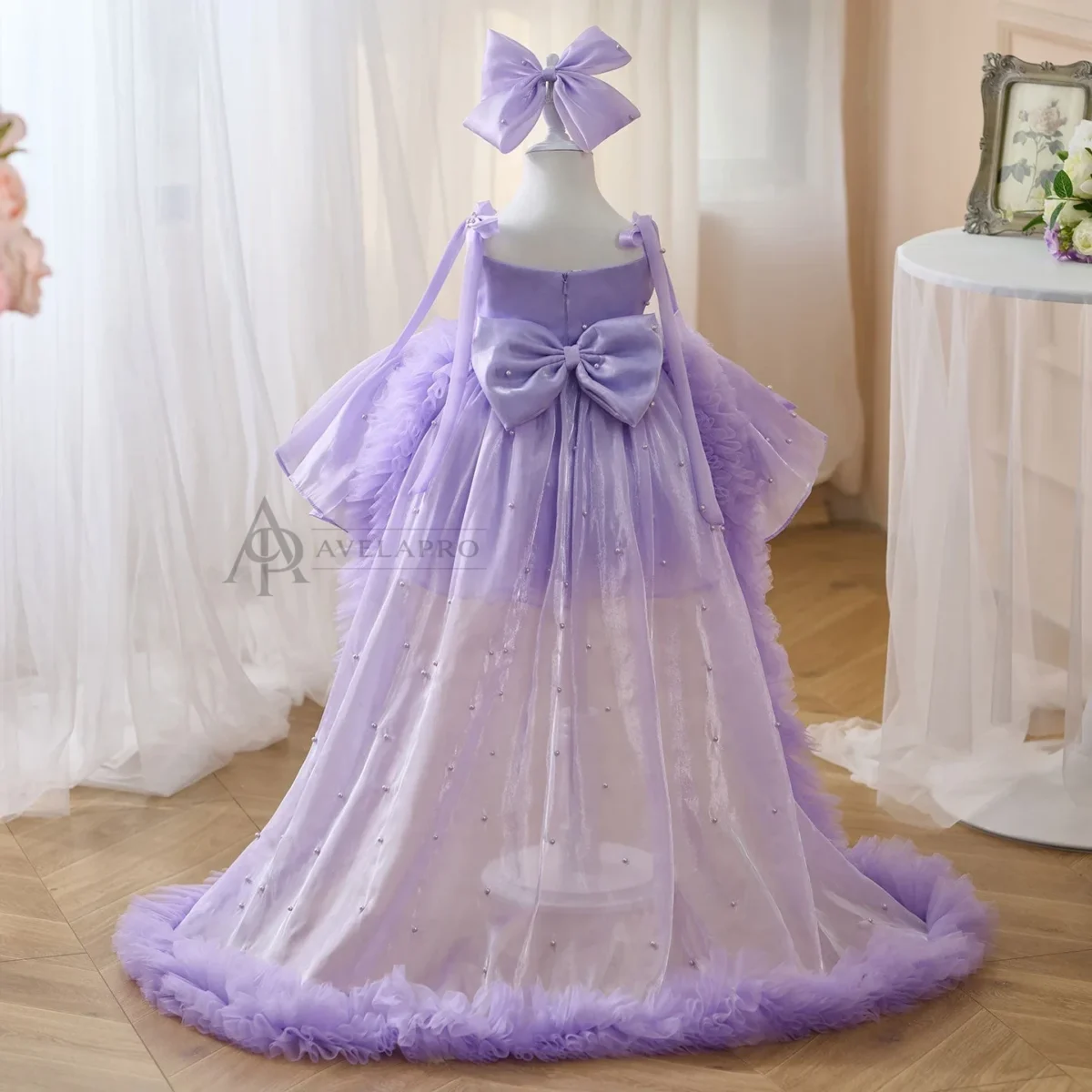Bowed Lace Up Satin Flower Girl Dress With Trailing
