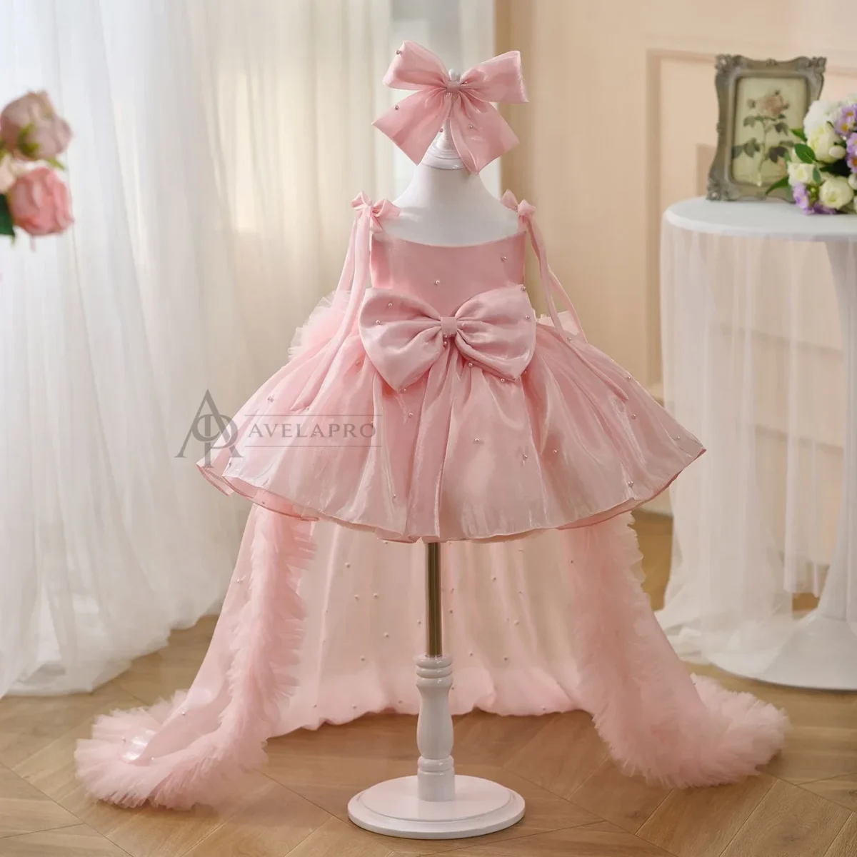 Bowed Lace Up Satin Flower Girl Dress With Trailing