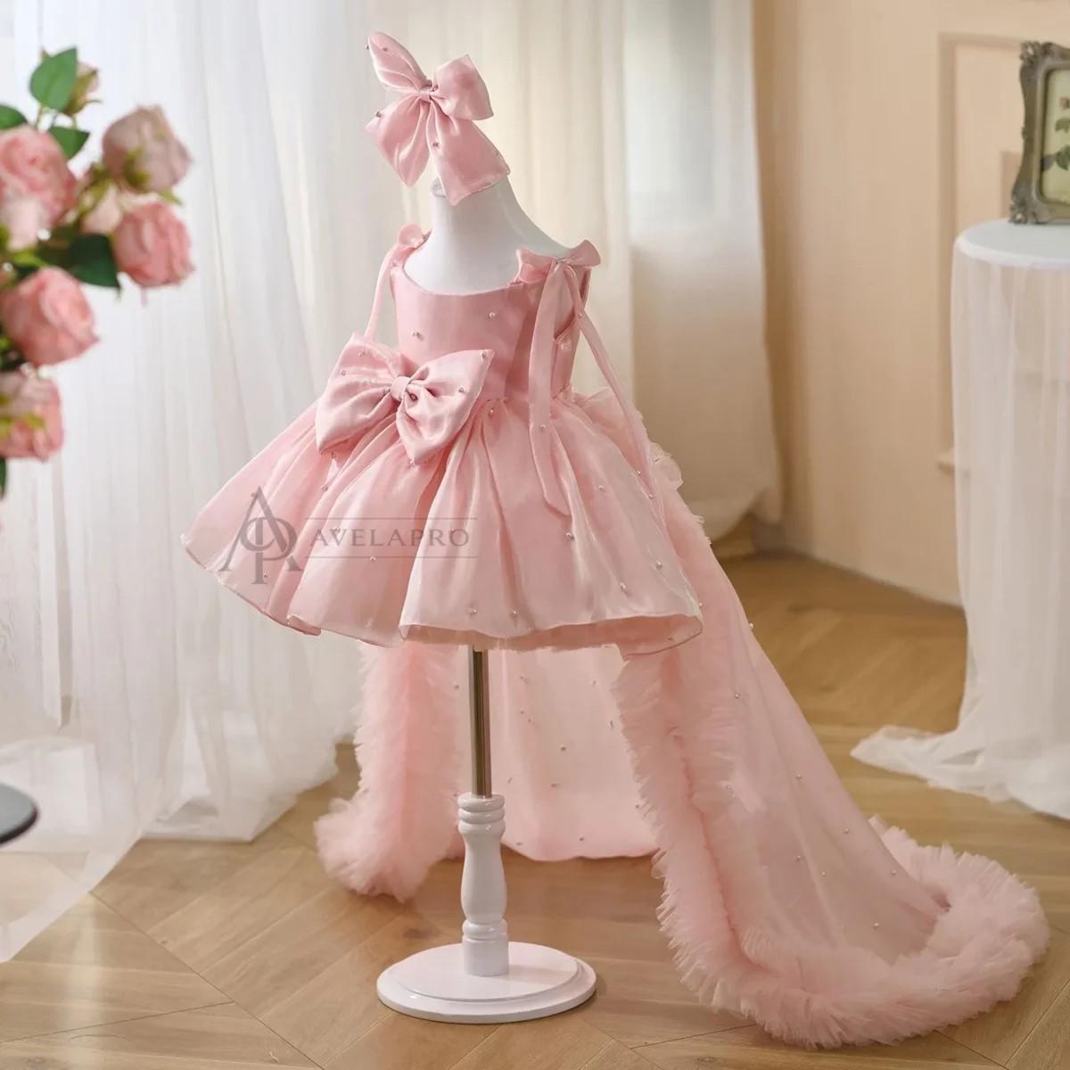 Bowed Lace Up Satin Flower Girl Dress With Trailing