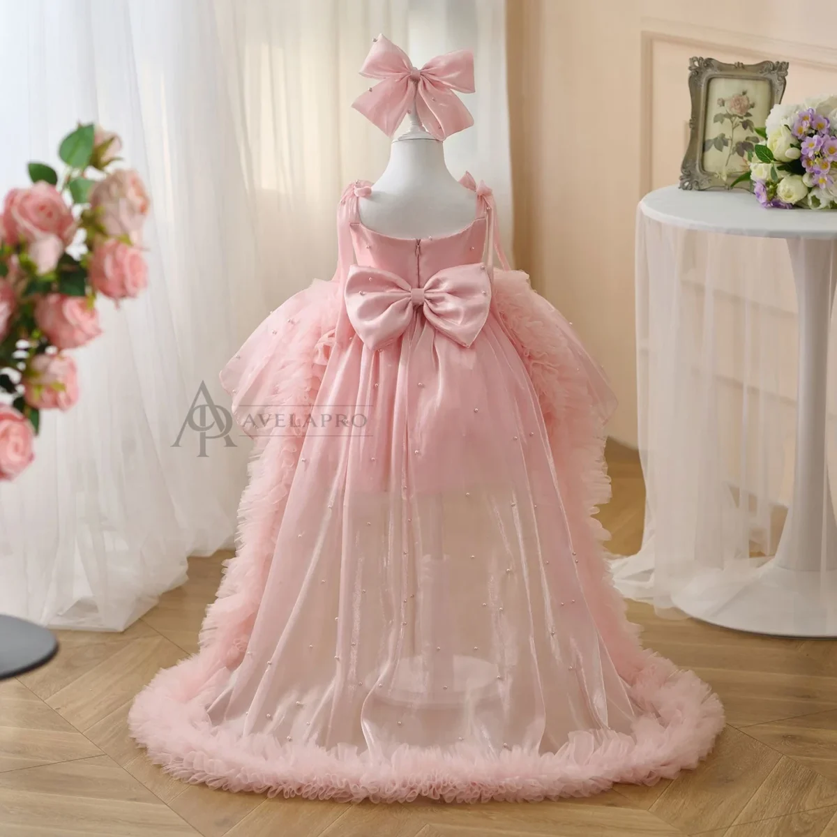 Bowed Lace Up Satin Flower Girl Dress With Trailing