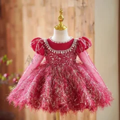 Burgundy Girl Dress Long Sleeve Toddler Kids 1st Birthday Gown