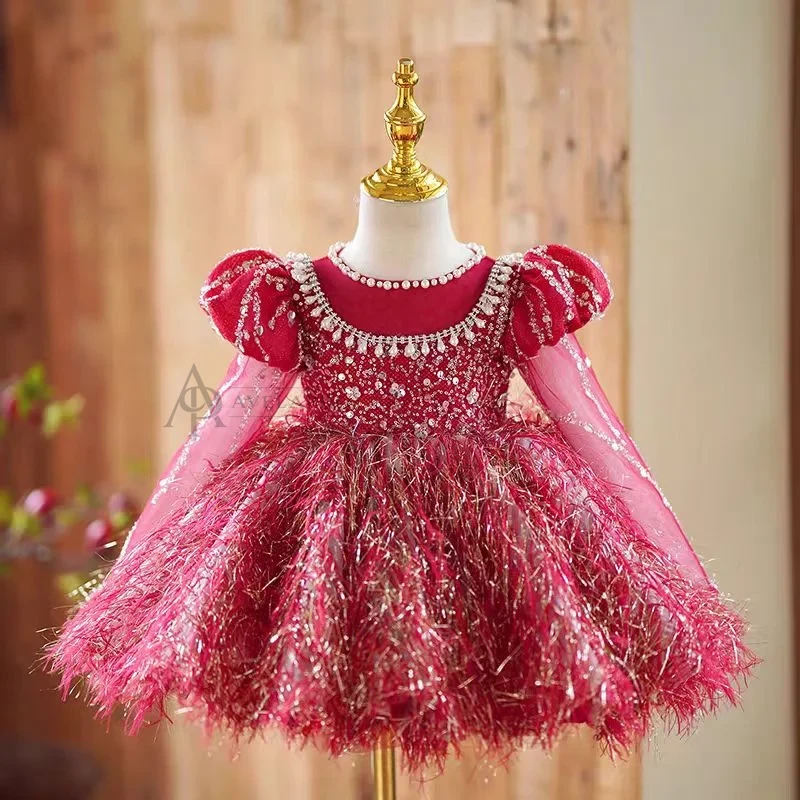 Burgundy Girl Dress Long Sleeve Toddler Kids 1st Birthday Gown