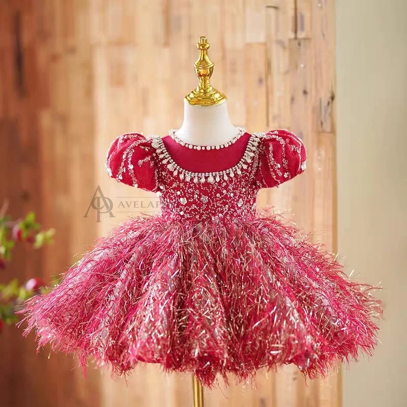 Burgundy Girl Dress Long Sleeve Toddler Kids 1st Birthday Gown