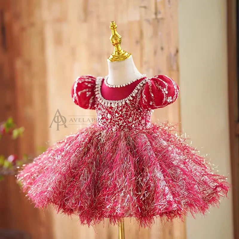 Burgundy Girl Dress Long Sleeve Toddler Kids 1st Birthday Gown