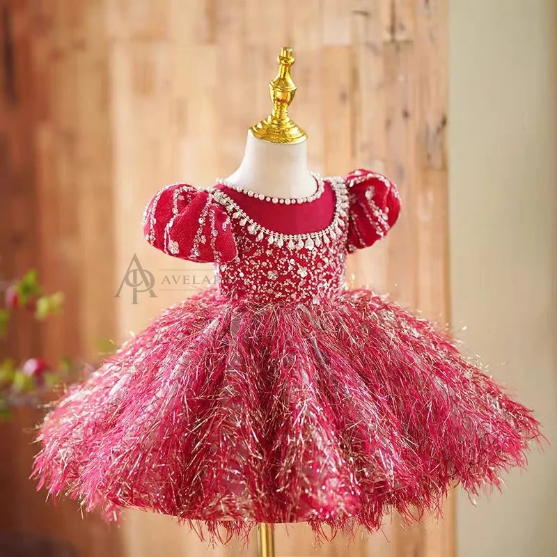 Burgundy Girl Dress Long Sleeve Toddler Kids 1st Birthday Gown