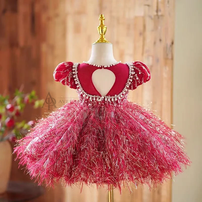 Burgundy Girl Dress Long Sleeve Toddler Kids 1st Birthday Gown