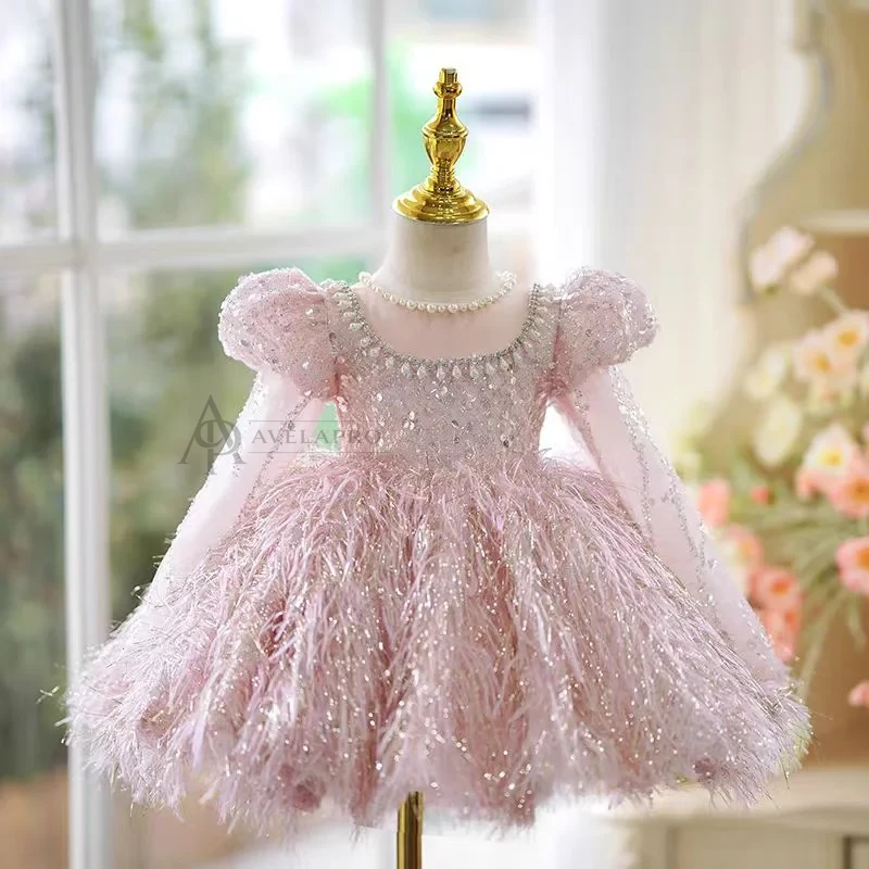Burgundy Girl Dress Long Sleeve Toddler Kids 1st Birthday Gown