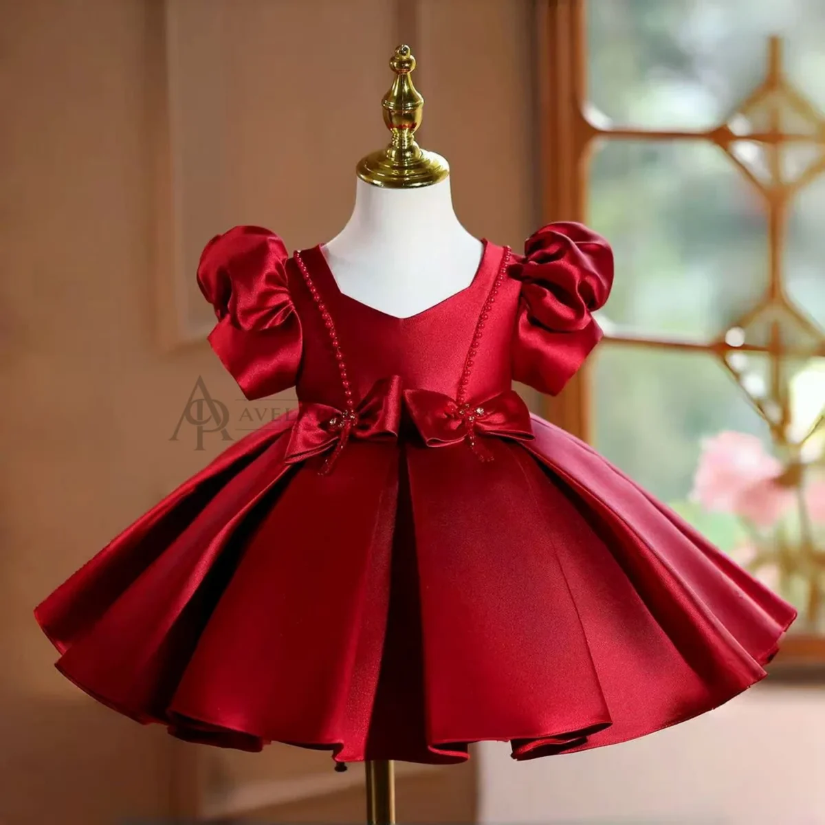 Burgundy Satin Girl Princess Dress Toddler Kids 1st Birthday Party Gown