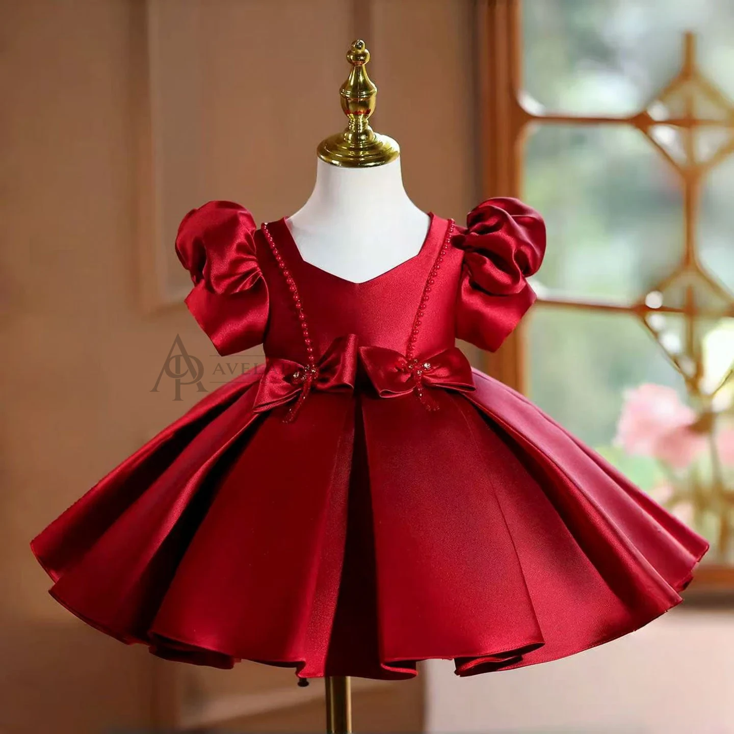 Burgundy Satin Girl Princess Dress Toddler Kids 1st Birthday Party Gown