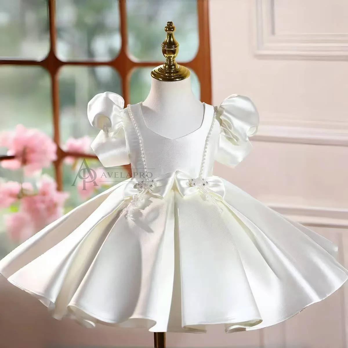 Burgundy Satin Girl Princess Dress Toddler Kids 1st Birthday Party Gown