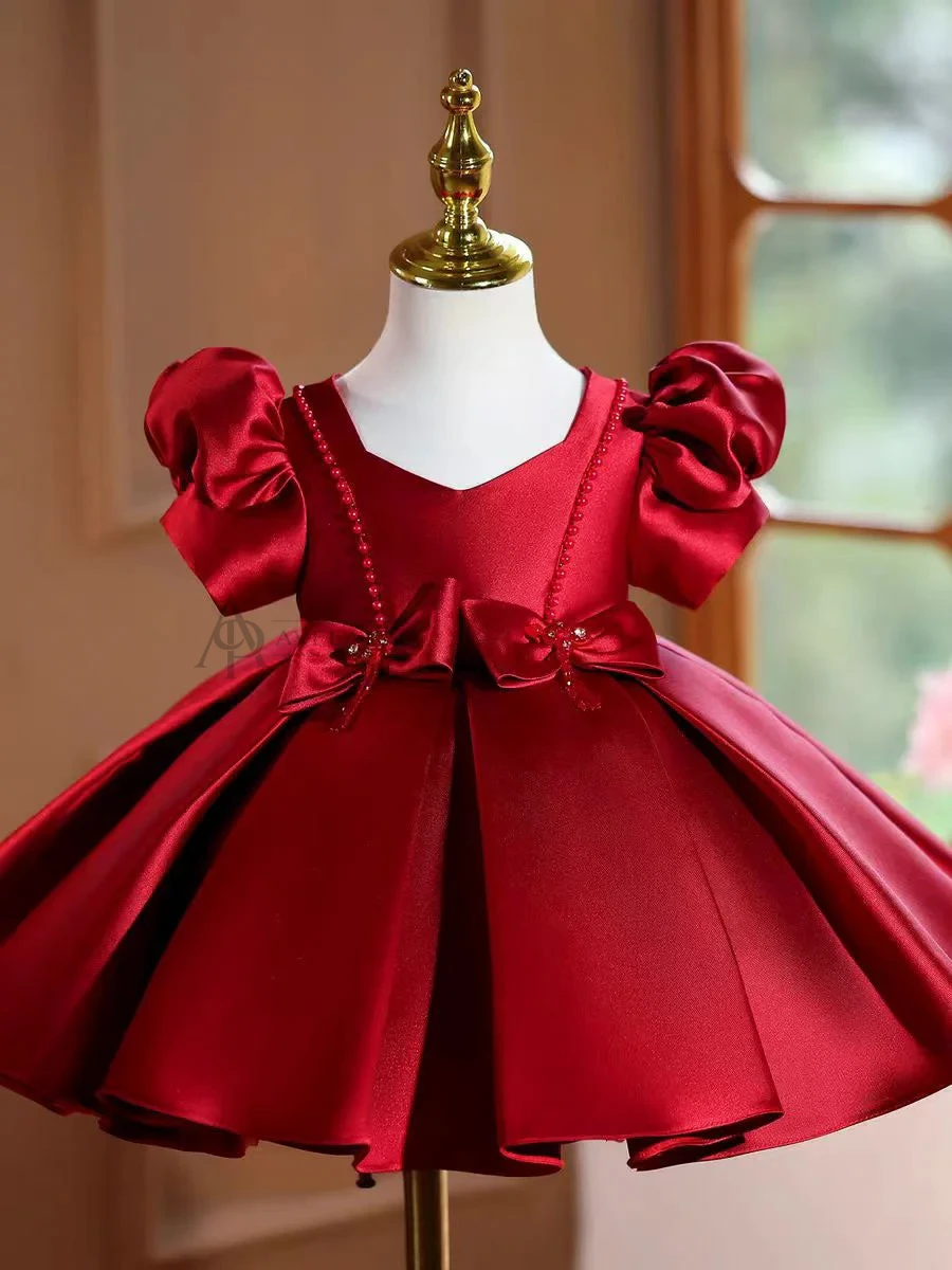 Burgundy Satin Girl Princess Dress Toddler Kids 1st Birthday Party Gown