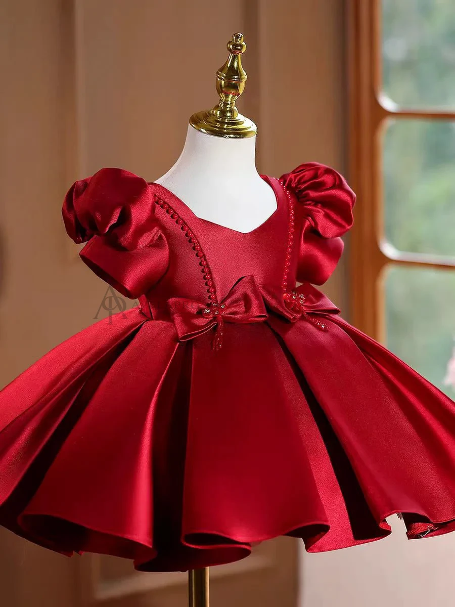 Burgundy Satin Girl Princess Dress Toddler Kids 1st Birthday Party Gown