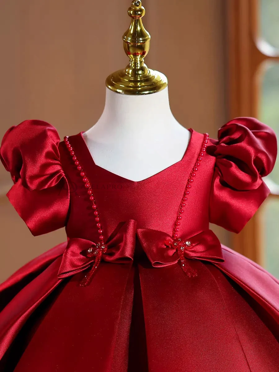 Burgundy Satin Girl Princess Dress Toddler Kids 1st Birthday Party Gown