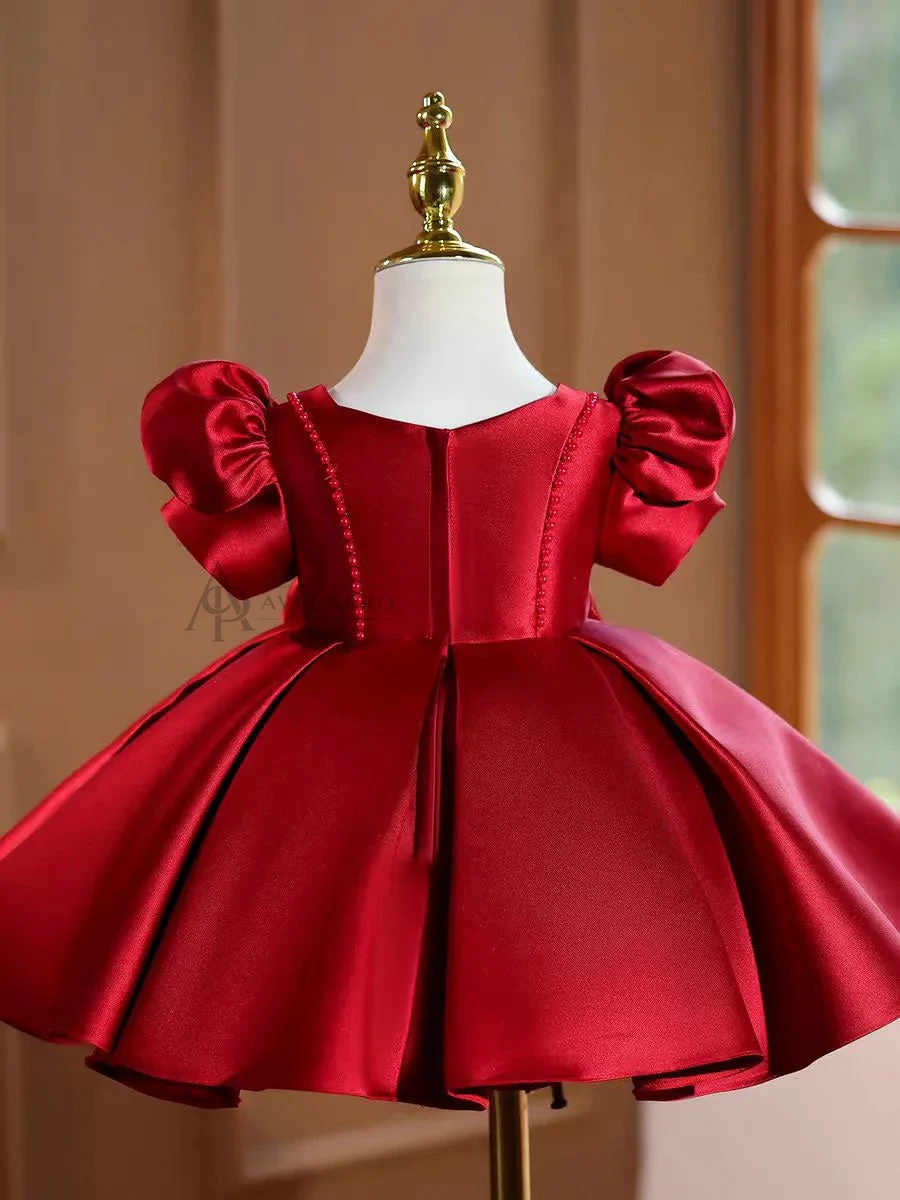 Burgundy Satin Girl Princess Dress Toddler Kids 1st Birthday Party Gown