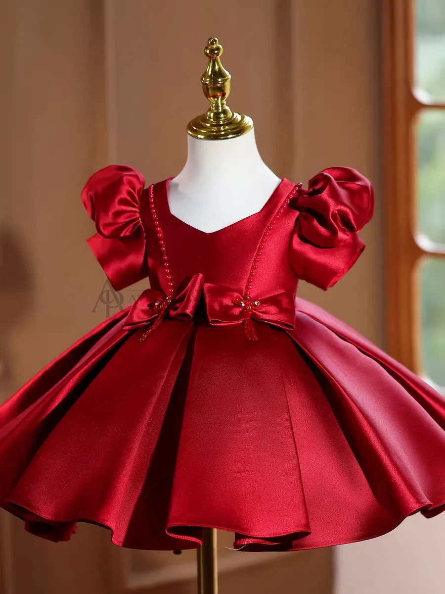 Burgundy Satin Girl Princess Dress Toddler Kids 1st Birthday Party Gown
