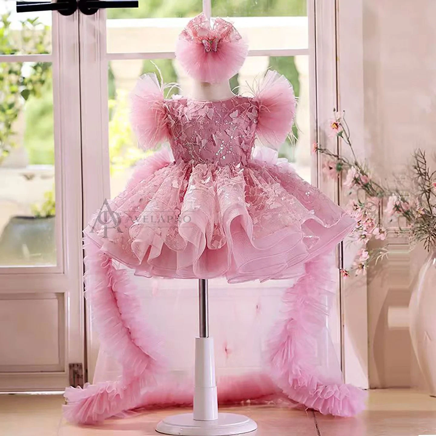 Butterfly Applique Flower Baby Girl Dress With Trailing
